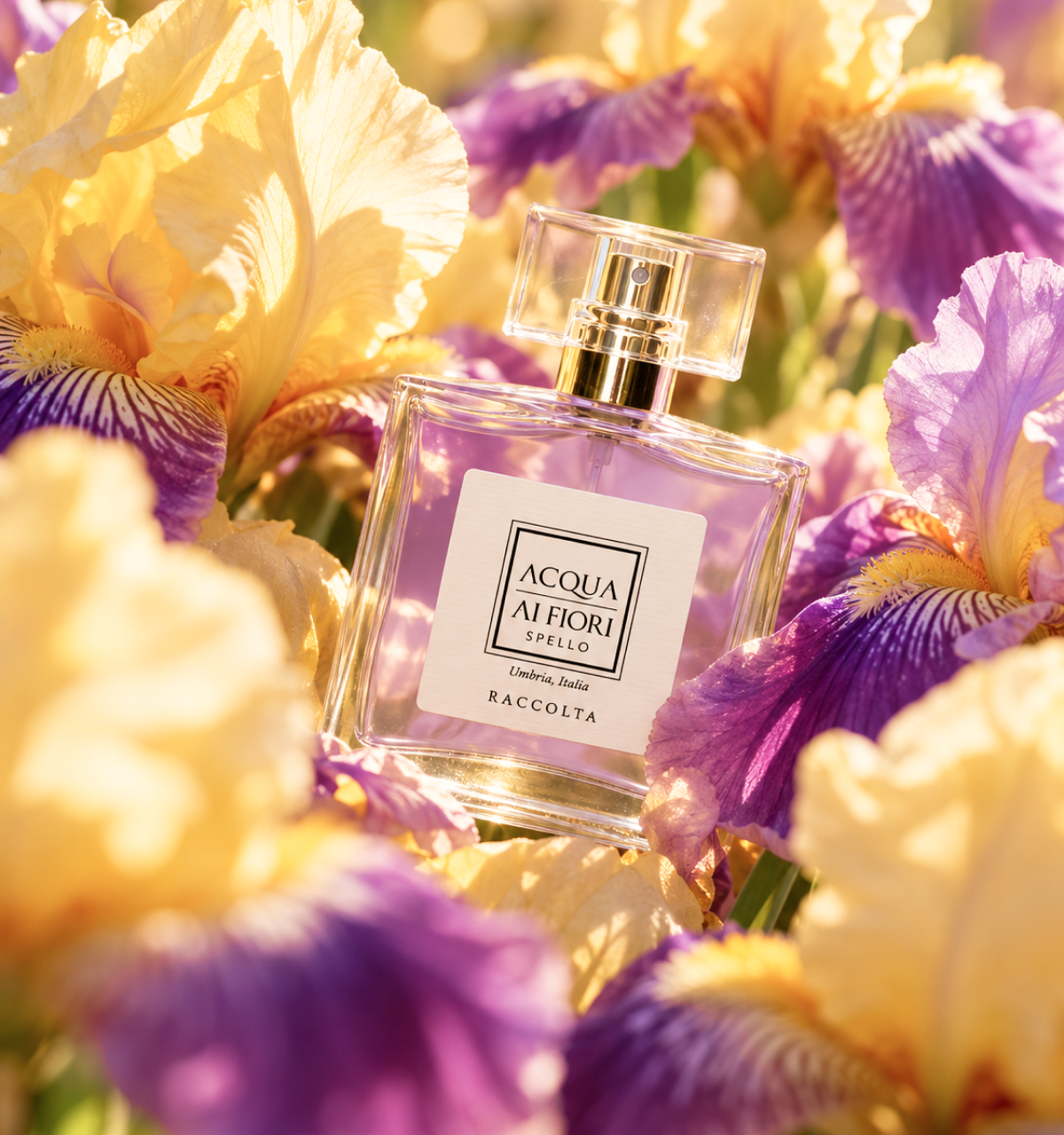 Eau de parfum Raccolta Acqua ai Fiori tra iris viola e gialli