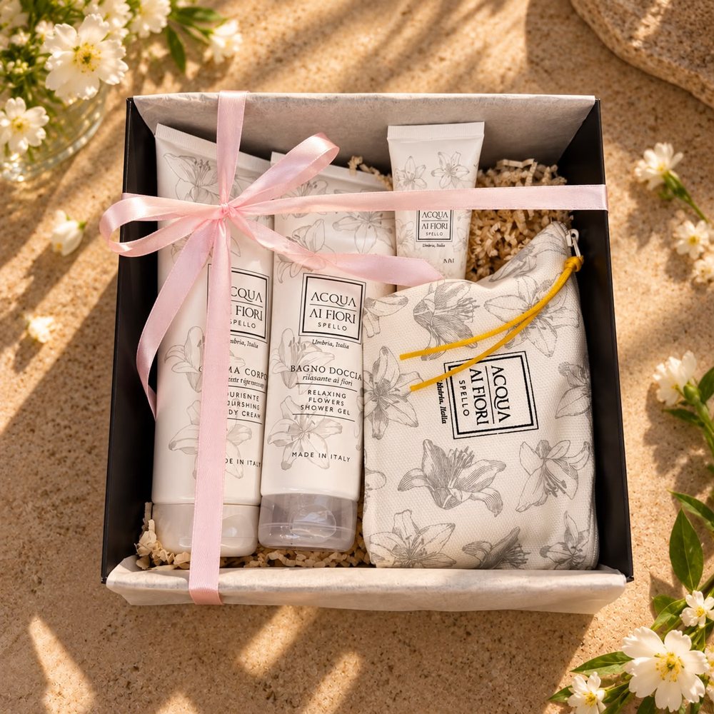 Cofanetto corpo con creme e pochette e nastro rosa