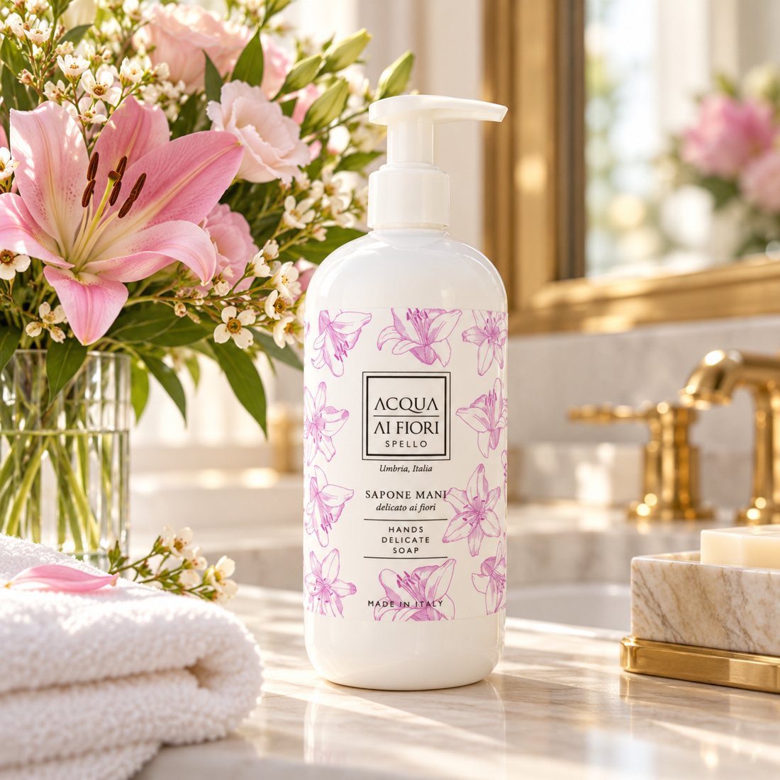Sapone mani Acqua ai Fiori 500 ml sul lavabo in marmo, con fiori e asciugamani