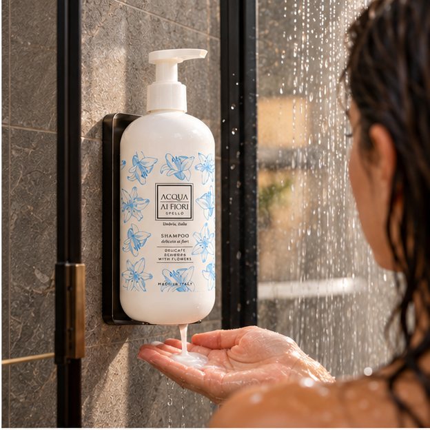 Dispenser shampoo a muro in uso
