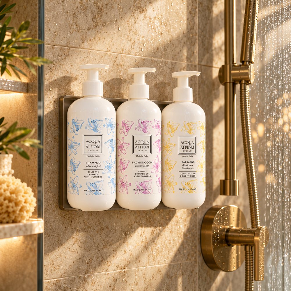 Supporto triplo con shampoo, bagno doccia e balsamo in doccia