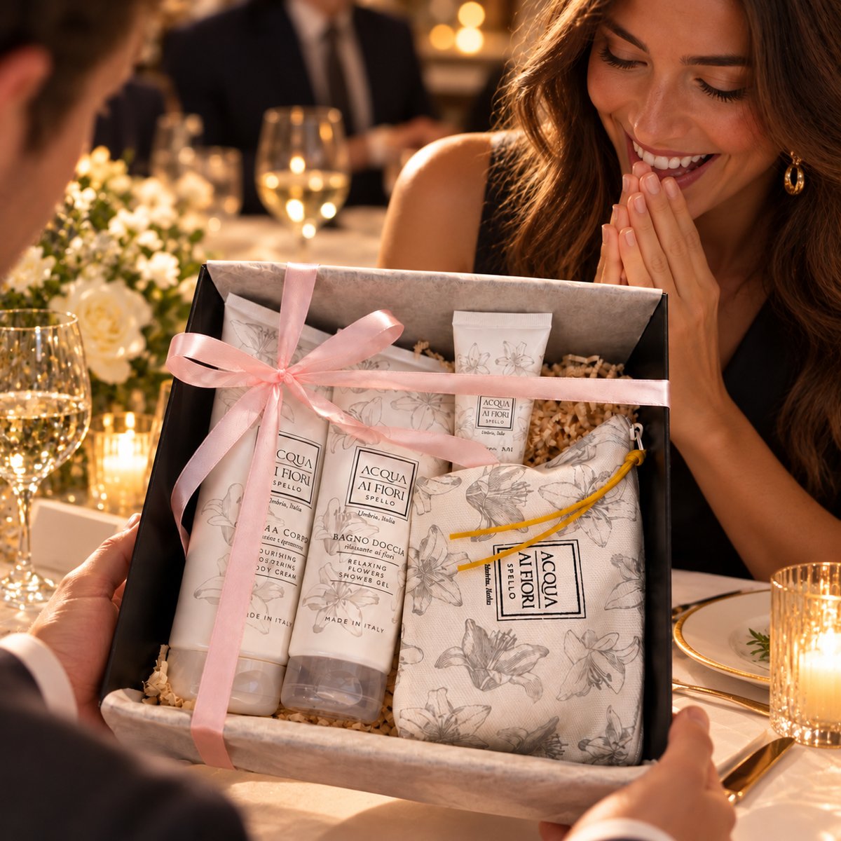 Cofanetto con crema corpo, bagno doccia e pochette regalato a cena